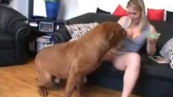 Horny blonde offers a dog to lick her pussy